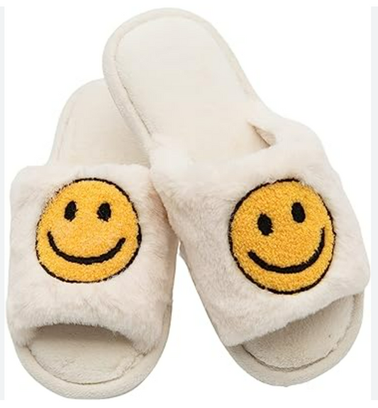 White Smiley Face Comfy Slippers - (Open-Toe)